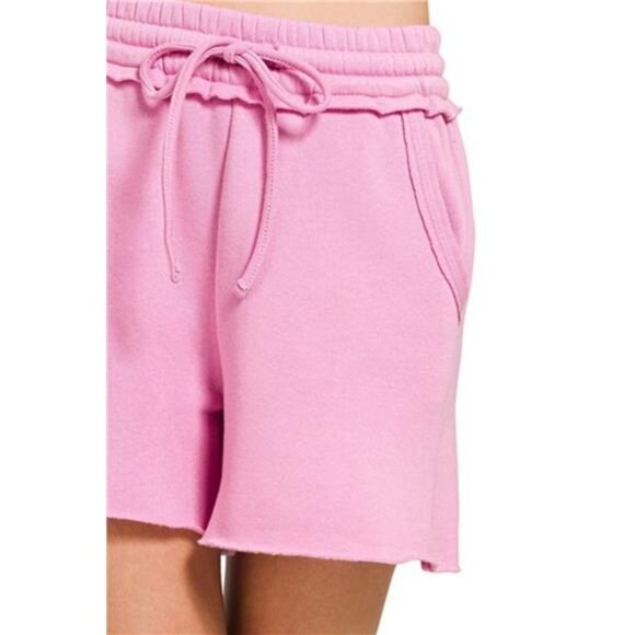 Zenana Fleece Raw Hem Shorts With Draw String - Picture 2 of 3
